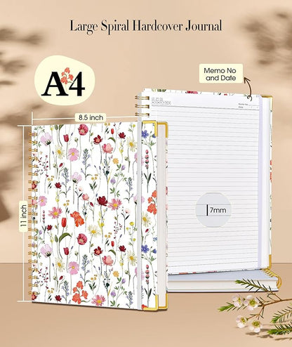 Cute Spiral Notebook Journal for Women, 200 Pages Lined Notebooks 8.5” x 11”, A4 Large Hardcover Spiral Journals with 100 GSM Thick Paper, College Ruled Notebook for Writing Work School, Wildflower Garden