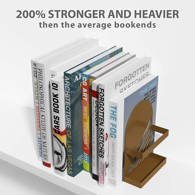 Iron Arch Modern and Decorative Bookends for Heavy Books, 200% Stronger & Heavier Than The Average Bookends, Large Bookends with Matching Bonus Storage Cup (Sahara Gold)