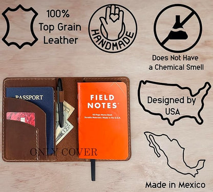 Leather Cover for Field Notes, Passport Cover, Leather Notebook Cover for 3.5" x 5.5" with Pen Holder, Only Cover (Bourbon)