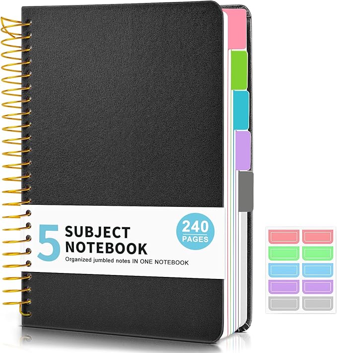 5 Subject Notebook College Ruled, Hardcover Spiral Notebook with Removable Pocket Dividers Tabs, 240 Pages Lined Spiral Journal Notebook for Women, 6x8.5 Notebooks for Work School Note taking A5 Black