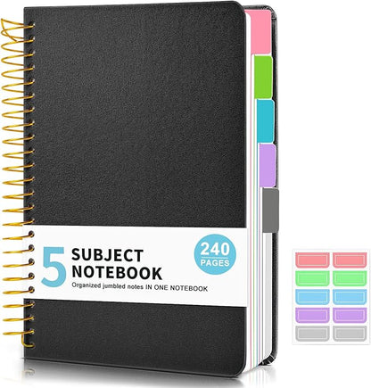 5 Subject Notebook College Ruled, Hardcover Spiral Notebook with Removable Pocket Dividers Tabs, 240 Pages Lined Spiral Journal Notebook for Women, 6x8.5 Notebooks for Work School Note taking A5 Black