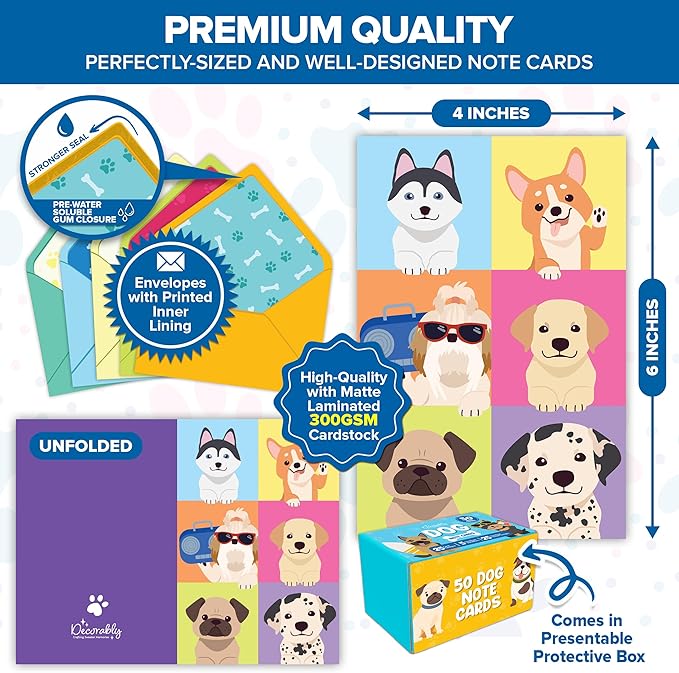 Decorably 50 Pack 6x4in Dog Blank Cards with Envelopes and Stickers, 25 Adorable Designs Blank Dog Note Cards with Envelopes - Baby Shower, Kid's Party, Birthday