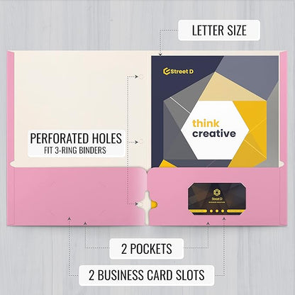 Better Office Products Two Pocket Portfolio Folders, 50-Pack, Pink, Letter Size Paper Folders, 50 Pieces, Pink