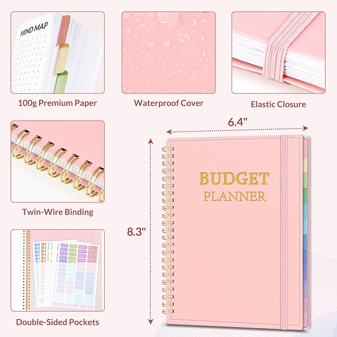 SUNEE Budget Planner - Monthly Budget Book with Expense Tracker Notebook, Undated 12 Month Bill Organizer & Finance Planner to Manage Your Money, A5(6.4" x 8.3") Account Book with Colorful Tab, Pink