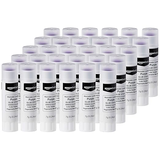 Amazon Basics Purple Washable School Glue Sticks, Dries Clear, 0.24-oz Stick, 30-Pack