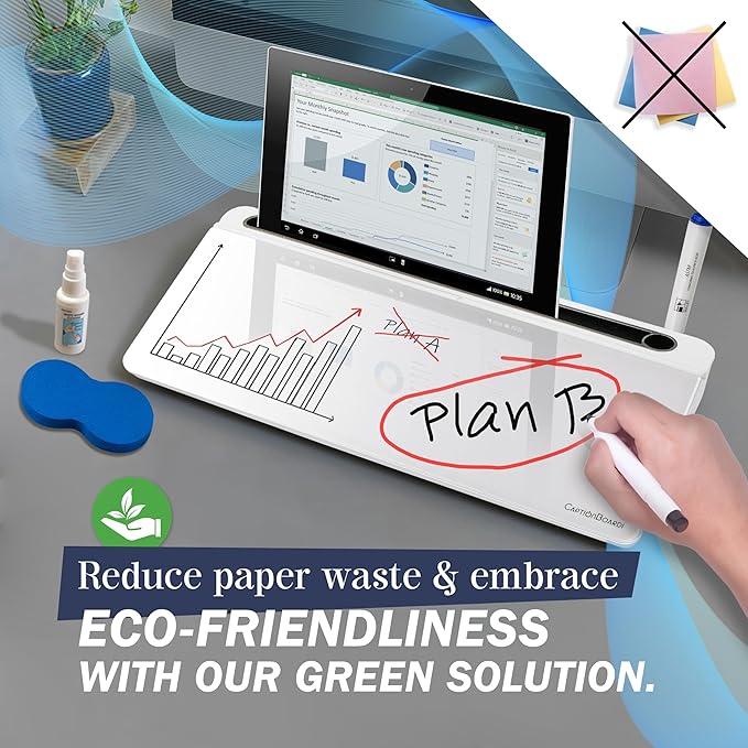 15-Inch Desktop Whiteboard - Glass Dry Erase Board for Desk Whiteboard with Stand with 3 Markers, Spray Bottle, 3 Cable Holders & Storage Box Work from Home Office Gadgets, White