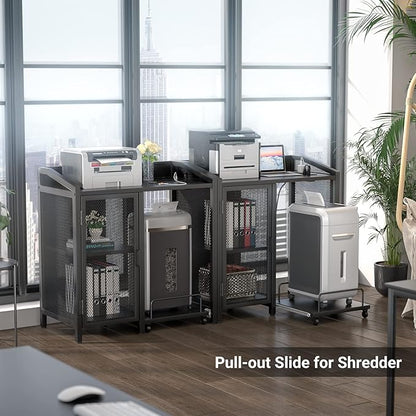 Unikito File Cabinet with Paper Shredder Stand On Wheel, Modern Vertical Filing Cabinet with Socket and USB Charging Port, Large Printer Stand with Adjustable Storage Shelf Rack for Home Office, Black