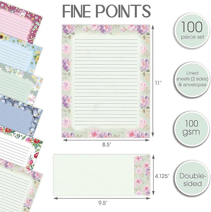 Better Office Products Floral Paper Stationery Set, 100 Piece Set (50 Lined Sheets + 50 Matching Envelopes), Letter Size 8.5 x 11 inch, 6 Designs, Double Sided/Lined Printing Paper,