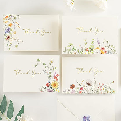 Crisky Floral 4 Assorted Thank You Cards (25 Pack) with Envelopes & Stickers Gold Foil Greeting Cards Bulk, Watercolor Wildflower for Birthday, Baby Shower, Wedding, Graduation