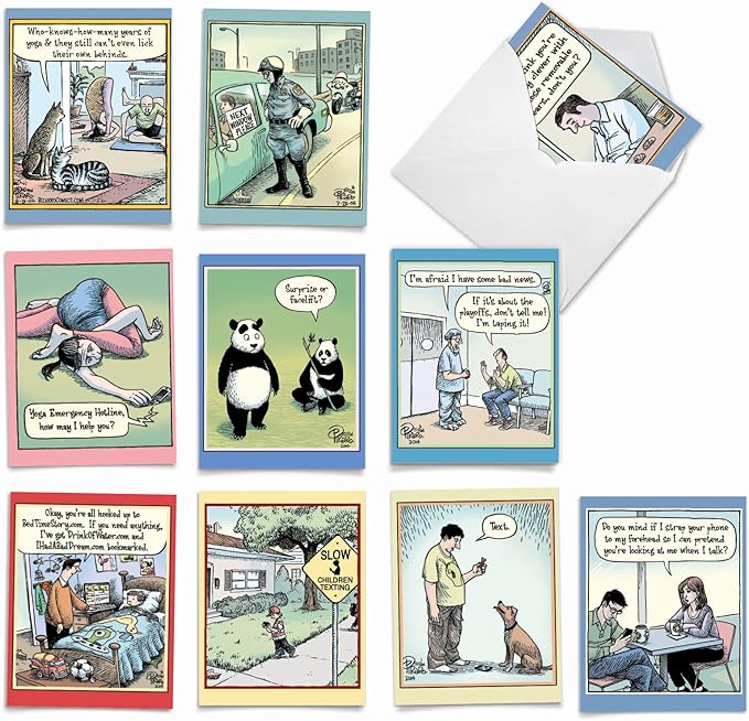 The Best Card Company - 10 Funny Assorted Blank Humor All Occasions Notecards Boxed Set 4 x 5.12 Inch w/Envelopes Cartoon Comics for Men, Women (10 Designs, 1 Each) - Very Bizarro M6464OCB