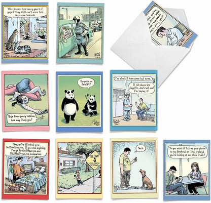 The Best Card Company - 10 Funny Assorted Blank Humor All Occasions Notecards Boxed Set 4 x 5.12 Inch w/Envelopes Cartoon Comics for Men, Women (10 Designs, 1 Each) - Very Bizarro M6464OCB