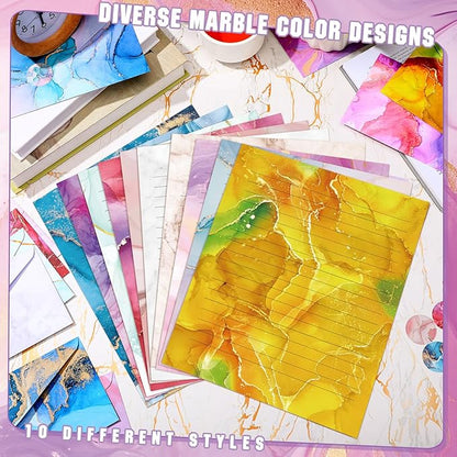 TaoBary 160 Packs Stationery Paper Set (50 Double Sided Stationery Writing Papers 50 Matching Envelopes) 60 Round Dot Sticker, 10 Design(Marble,8.5 x 11 Inch)