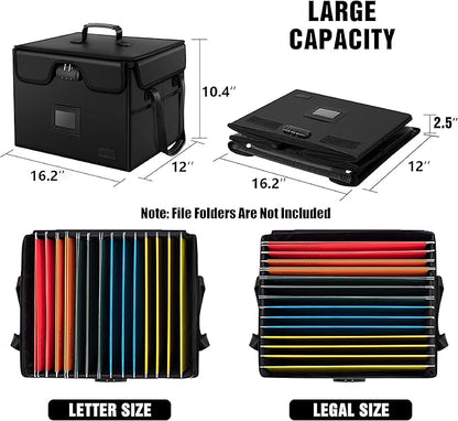 AMBOR File Box with Lock, Fireproof Document Box with 5 Tabs, Collapsible File Organizer with Handle for Home Office for Letter & Legal Folder/Certifications/Books Storage, Black