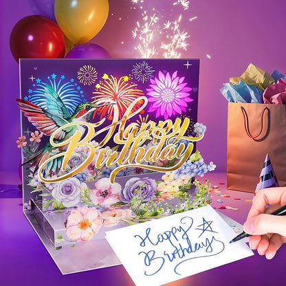 Birthday Card, Musical Pop Up Birthday Cards w Firework Lights, Play Happy Birthday Music Pop Up Card, Greeting Cards Gifts for Him or Her, Hummingbird