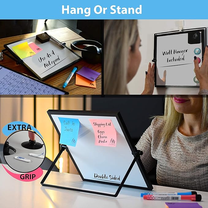 Small Dry Erase White Board 10"X10"- Desktop Whiteboard Black Frame with Stand, 3 Markers, 4 Magnets & Eraser - Double-Sided Portable Mini to Do List White Board for Office Desk, Kids Home School