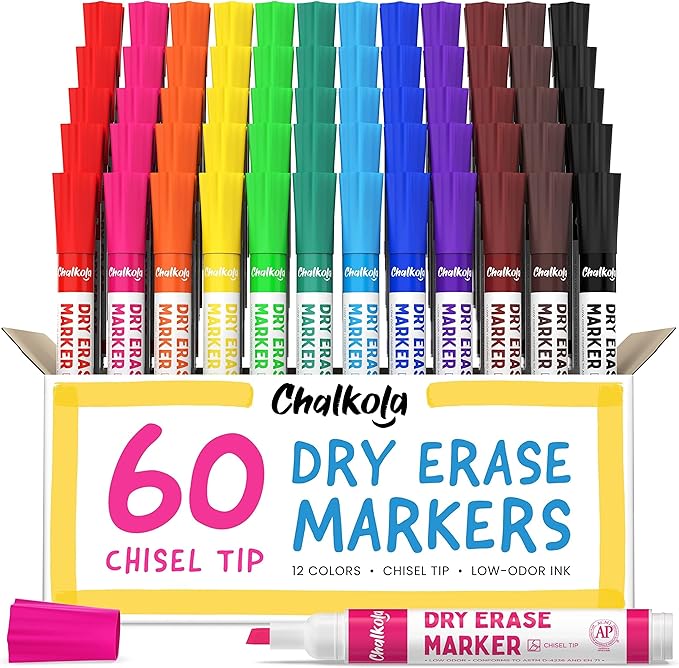 Chalkola Dry Erase Markers Bulk (60 Pack, 12 Vibrant Colors) | Chisel Tip WhiteBoard Markers, Dry Erase Pens - White Board Pens for Kids, Teachers - Home, Office, School Classroom Supplies