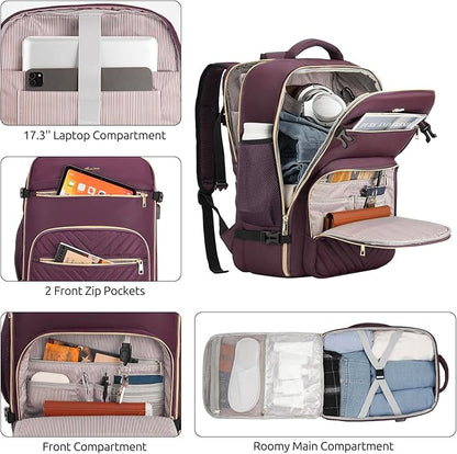 Travel Backpack for Women, Carry On Backpack for Airplanes Flight Approved, Waterproof Large Weekender Overnight Bag Fit 17 Inch Laptop with USB Charging Port, Dark Purple