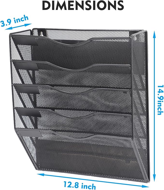 EASEPRES Magnetic 5 Pocket Mesh Hanging File Organizer, Wall Mounted Mail Paper Document Folder Holder, Clipboard Storage Organization Magazine Rack with Nametag Label for Office Home School, Black