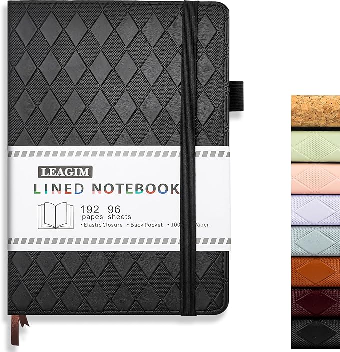 Lined Journal Notebook for Women Men, 192 Pages 100 GSM Thick Paper, Hardcover | Embossed Leather Journals for Writing, A5 College Ruled | Business, Work & School, 5.8"×8.5"(Black)