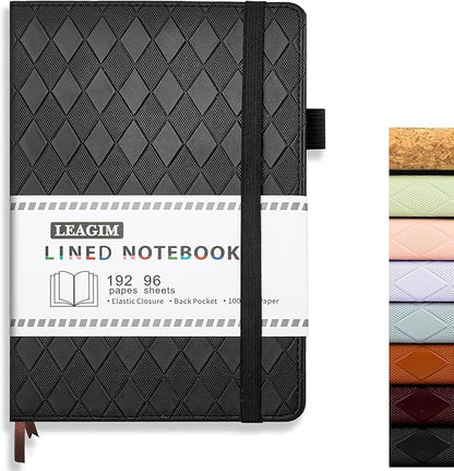 Lined Journal Notebook for Women Men, 192 Pages 100 GSM Thick Paper, Hardcover | Embossed Leather Journals for Writing, A5 College Ruled | Business, Work & School, 5.8"×8.5"(Black)