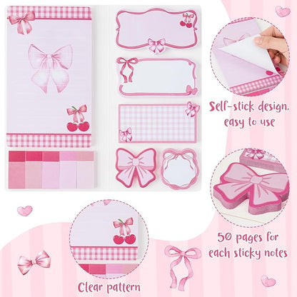 Coquette Pink Bow Sticky Notes Set - I’m Just A Girl Self-Stick Note Pads Bowknot Notepads Writing Memo Pad Page Marker Bookmarker Preppy Girly Stuff Back to School Office Supplies Gift