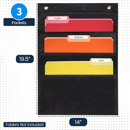 3 Pocket File Pocket Chart, Black, 14" Wide x 19.5" Tall - Versatile Wall Hanging File Folder Organizer for Classroom, Office, Home, and More - Wall Folder Organizer - 3 Pockets