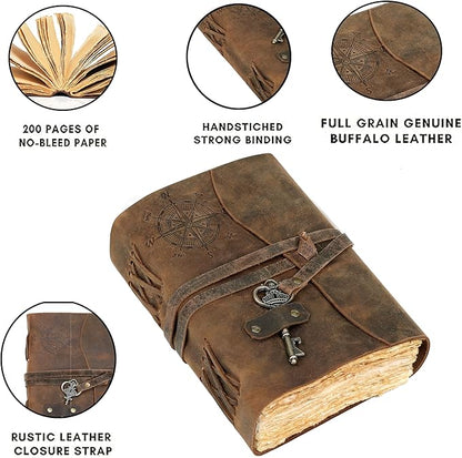 cuero Compass Vintage Leather Journal Antique Handmade Leather Bound Journal with Deckle Edge Paper Diary Leather Sketchbook Drawing Journal Notebook Great Gift Men & Women (Tawny Brown, 8X10 Inch)