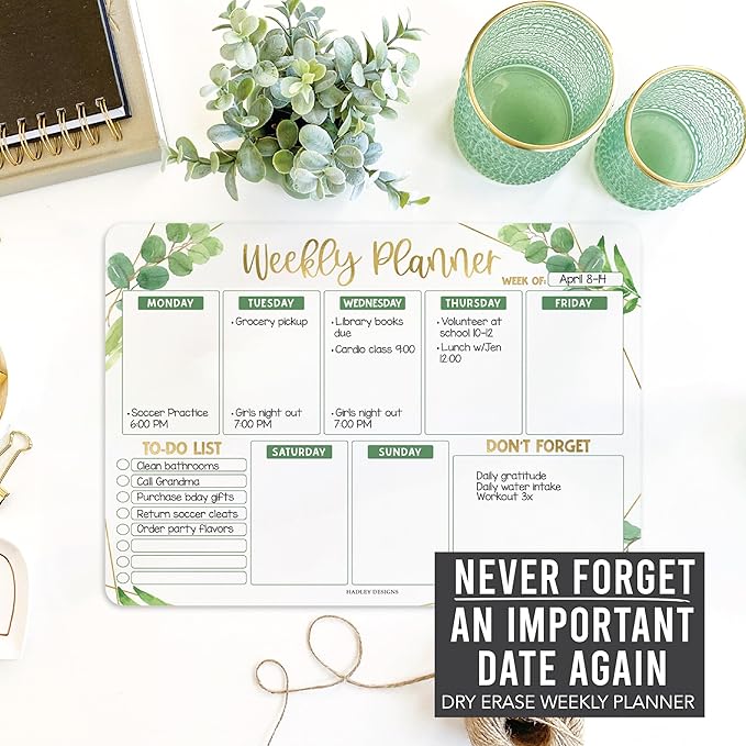 Greenery Magnetic Weekly Calendar for Fridge Whiteboard - Weekly Dry Erase Board for Fridge, Magnetic Weekly Planner for Fridge, Magnetic Whiteboard for Fridge, Schedule Board, White Board for Fridge