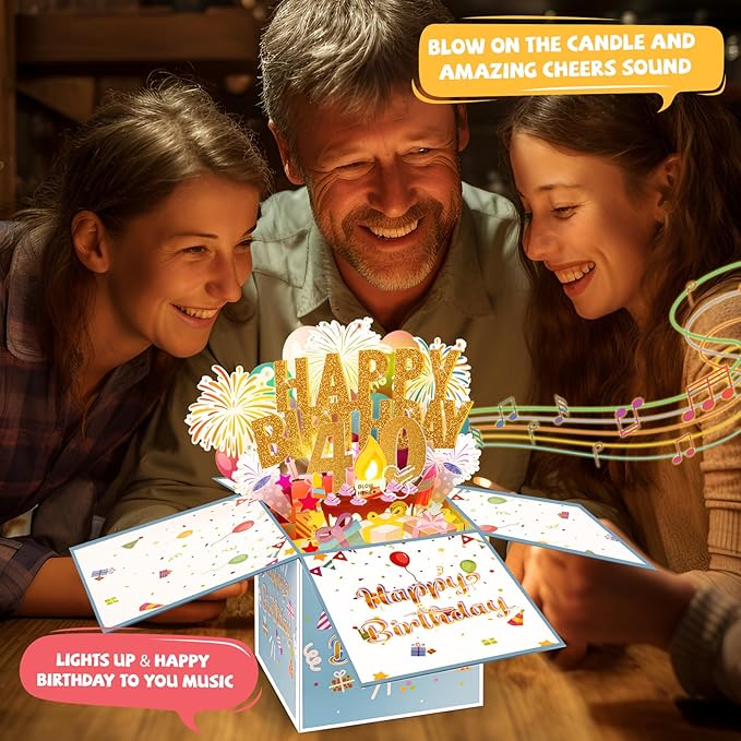 Tnvee 40TH Birthday Cards with Lights & Music & Candle, 3D Large Pop Up Happy Birthday Cards for Women Man Greeting Cards Decorations for 40 Years Old Mom Dad Wife Husband Friend