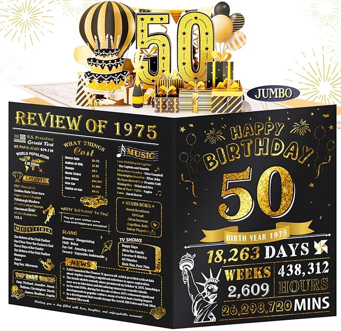 50th Birthday Card for Women Men, Jumbo Pop Up 50th Birthday Cards for Her Him, Happy 50th Birthday Decorations for 50 Year Old Women Men Funny Birthday Gifts, Review of 1975, Black Gold