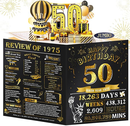 50th Birthday Card for Women Men, Jumbo Pop Up 50th Birthday Cards for Her Him, Happy 50th Birthday Decorations for 50 Year Old Women Men Funny Birthday Gifts, Review of 1975, Black Gold