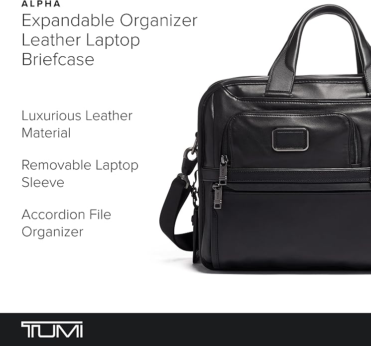 TUMI Alpha Expandable Organizer Laptop Briefcase - 15-Inch Laptop Briefcase Organizer for Men & Women - Travel Laptop Bag - Black Leather