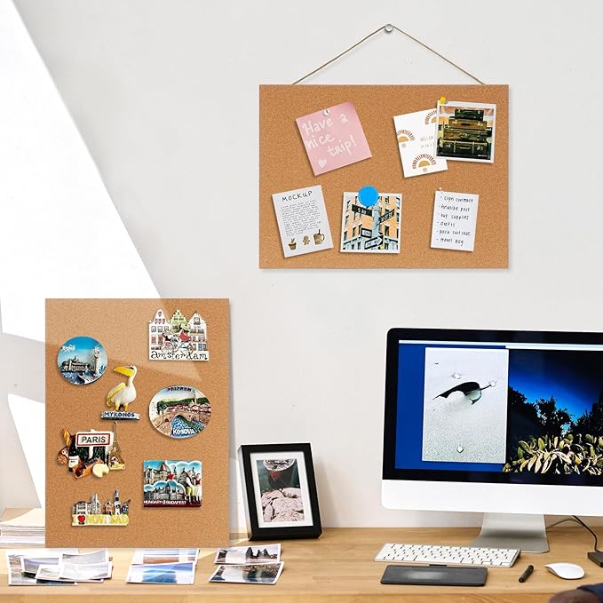 DOLLAR BOSS Magnetic Cork Board, 2 Pcs 16" x 12" Small Cork Bulletin Board 0.7" Thick Frameless Corkboards for Walls Pin Notice Board with 8 Magnets 10 Pushpins for Home Office Kitchen School Decor