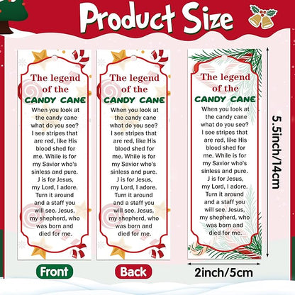 Haooryx 120pcs Christmas Theme Bookmarks, The Legend of The Candy Cane Bookmark with Red Ribbons, Candy Cane J is for Jesus Religious Bookmark Party Favor for Sunday School Supply Students Rewards