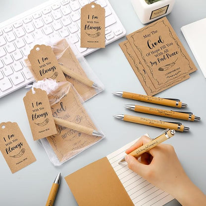 200 Pcs Bible Verse Sets Church Christian Gift Include 50 Scripture Notebooks 50 Bible Bamboo Pens 50 Thanks Tags 50 Organza Bags for Women Man Christian Party Gifts(Brown,Bible)