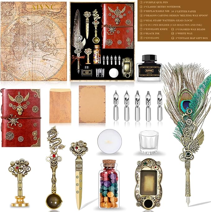 Quill Pen and Ink Set, With Notebook Wax Seal Stamp Kit, Calligraphy Set, Valentine's Day Gifts for Writing Lovers Birthday Gifts, Ideal Calligraphy Gifts for Holidays(Peacock Feather)