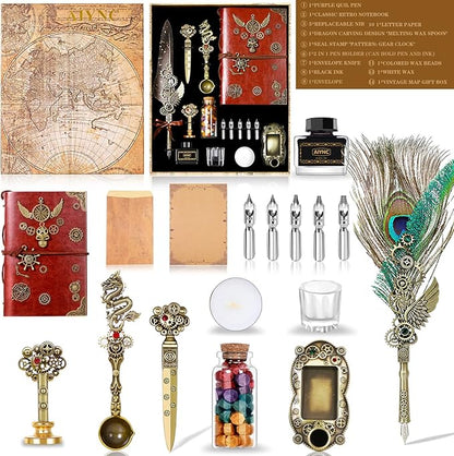 Quill Pen and Ink Set, With Notebook Wax Seal Stamp Kit, Calligraphy Set, Valentine's Day Gifts for Writing Lovers Birthday Gifts, Ideal Calligraphy Gifts for Holidays(Peacock Feather)