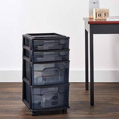 HOMZ 4-Drawer Plastic Storage Cart, Home & Office Rolling Organizer, Black-Clear