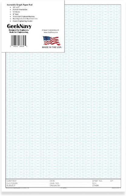 11" x 17" Isometric Graph Paper 50 Sheets Portrait - 0.25" Grid, Non-photo Blue, High Brightness, Drafting, Engineering, Art, 3D Design (1-Pack)