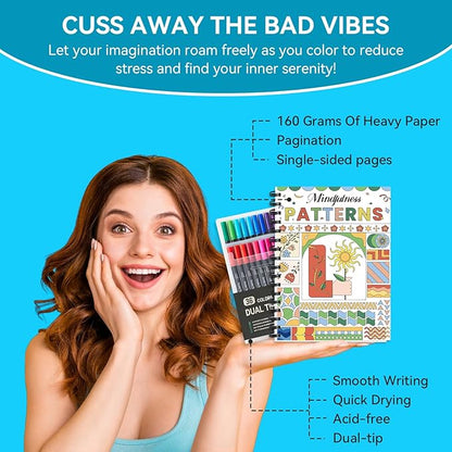 Adult Coloring Book, 40 Sheet Stress Relief Coloring Books for Adults Relaxation,Spiral Bound Single-Sided Pages,Arts and Crafts for Women Man，Unique 16-Gallery Multi-Pattern Design with 36 Markers