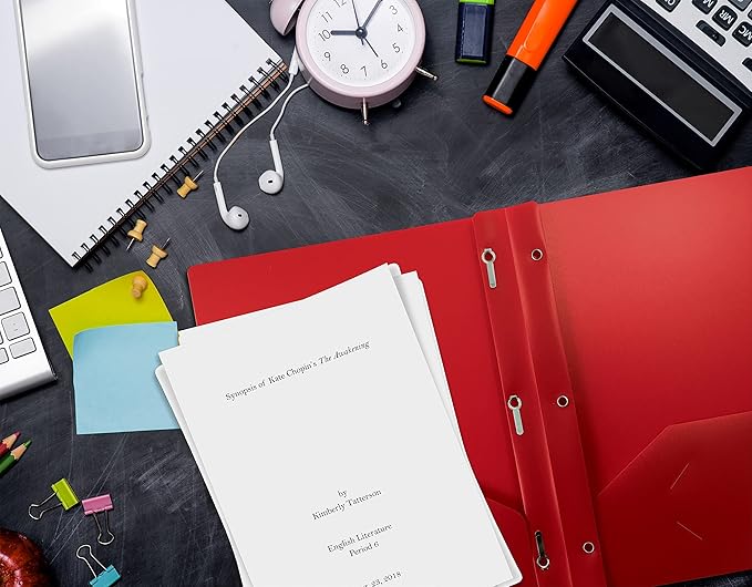 Better Office Products Red Plastic 2 Pocket Folders with Prongs, Heavyweight, Letter Size Poly Folders, 24 Pack, with 3 Metal Prongs Fastener Clips, Red