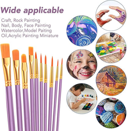 ESRICH Acrylic Paint Brushes Set, 8 Packs/80 Pcs, Nylon Brush Head, Suitable for Acrylic, Oil, Watercolor, Rock Body Face Nail Art,Perfect Suit of Art Painting(Purple)