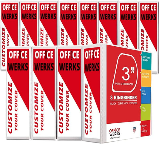 3 Ring Binder, Professional Angle D Ring Binder 3 Inch, Presentation Folder for Standard Pages 8.5 x 11 with Pockets, Crystal Clear View White Binder (12 Pack)