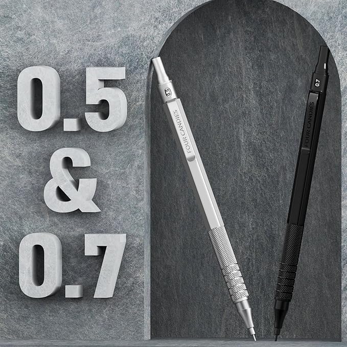 Four Candies 2PCS Metal Mechanical Pencils Set with Case, 0.5mm & 0.7 mm Artist Pencil with 6 Tubes (360PCS) HB Lead Refills, 3 Erasers,9 Eraser Refills For Writing Drafting, Drawing, Black&Silver