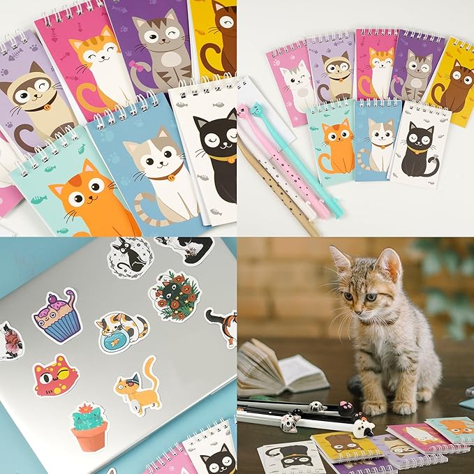 148 Pcs Cat Animal Party Favors Bulk Cat Mini Spiral Notepads Cat Pens Stickers Set for PET Birthday Party Classroom School Reward Gift Prizes Goodie Bags Stuffers