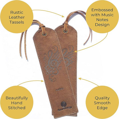 Leather Bookmarks for Men and Women | Quality Mens Bookmark with Music Notes | 2 Smooth Handmade Leather Book Markers for Men Women Book Lovers Readers (7x2") Leather Gift | Sovereign-Gear