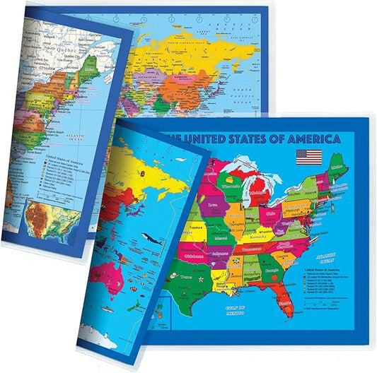 2-Sided Desk Map with Durable Lamination (2 Pack: US/Europe Centered World; Children's US/Europe Centered World Map)