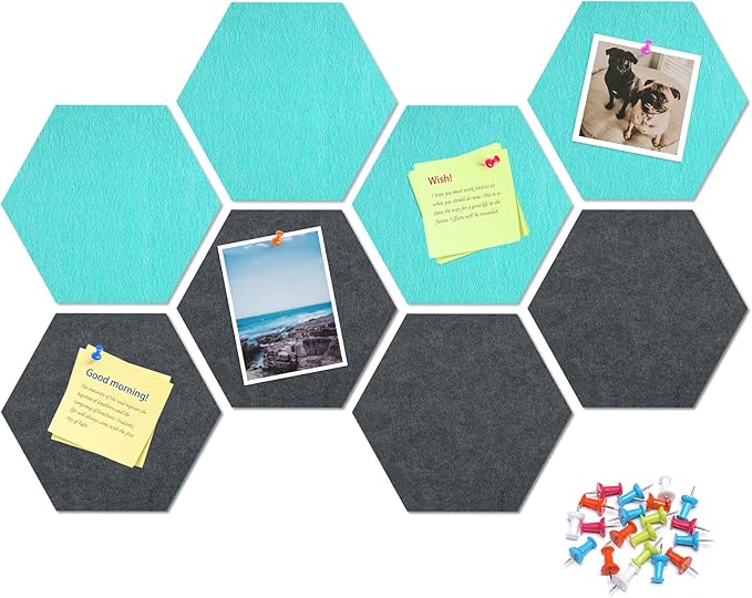 12" Large Bulletin Board with 30 Push Pins, Pack of 8 Hexagon Felt Pin Board Notice Boards for Home Office, Felt Wall Tiles for Photos Memos