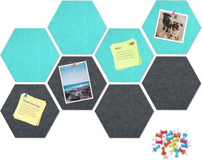 12" Large Bulletin Board with 30 Push Pins, Pack of 8 Hexagon Felt Pin Board Notice Boards for Home Office, Felt Wall Tiles for Photos Memos