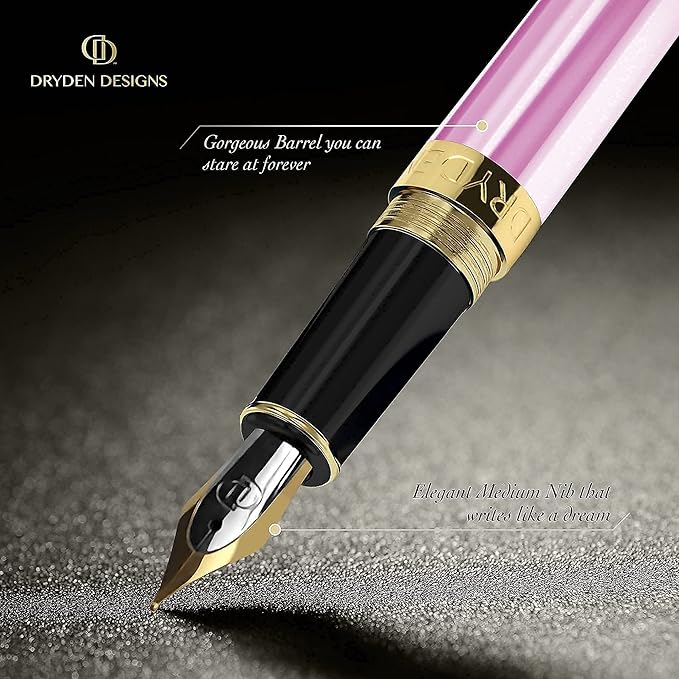 Dryden Designs Fountain Pen Medium Nib Gift Pouch - with 24 Ink Cartridges - MCM (Luscious Pink)